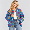 Blomsterprintet Cardigan til Damer - Åben Front, Rund Hals