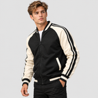 Colorblock Varsityjakke - Ribbet Krave med Stribede Ærmer