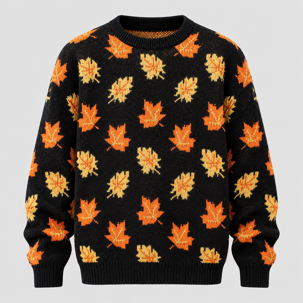 Efterårsbladprintet Sweater - Rund Hals, Afslappet Strik