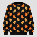 Efterårsbladprintet Sweater - Rund Hals, Afslappet Strik