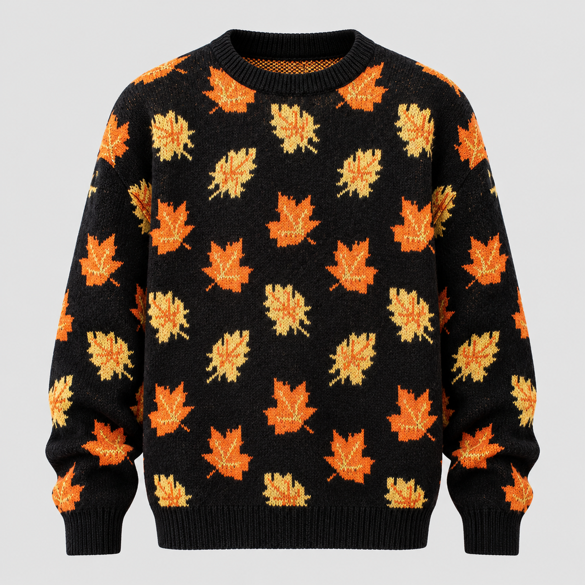 Efterårsbladprintet Sweater - Rund Hals, Afslappet Strik