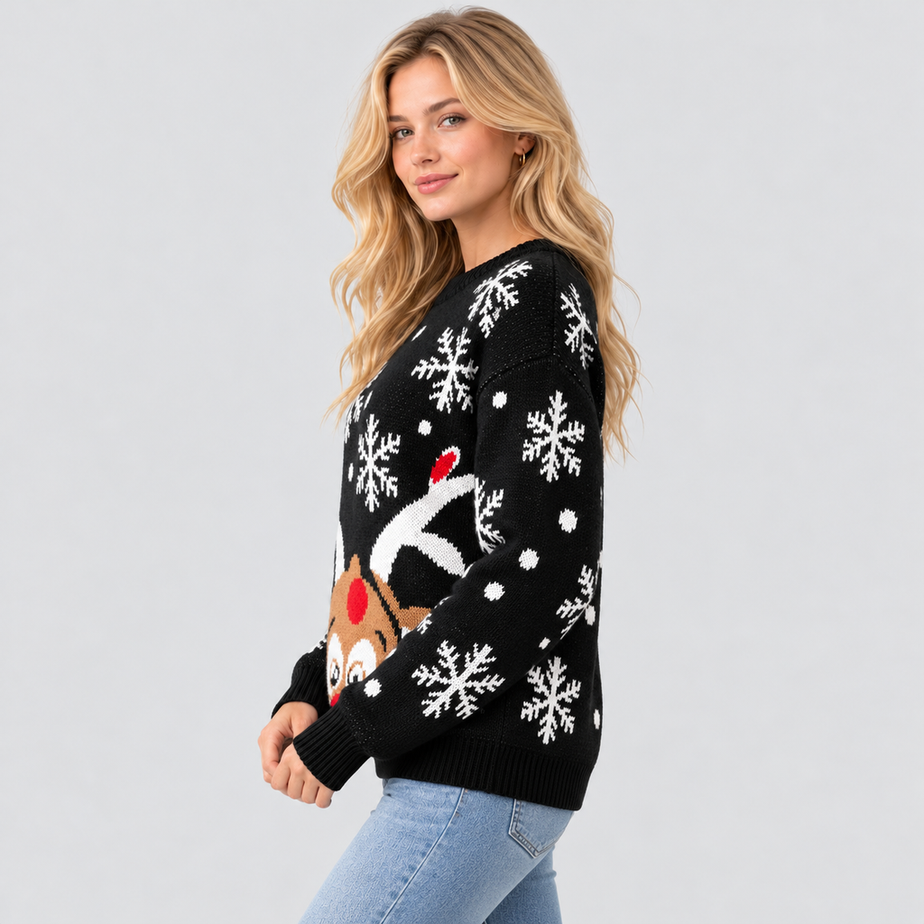 Julesweater med Rensdyr til Damer - Snefnugsprint, Sort Strik