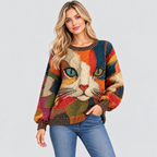 Sweater med Kattemotiv - Rund Hals, Afslappet Strik