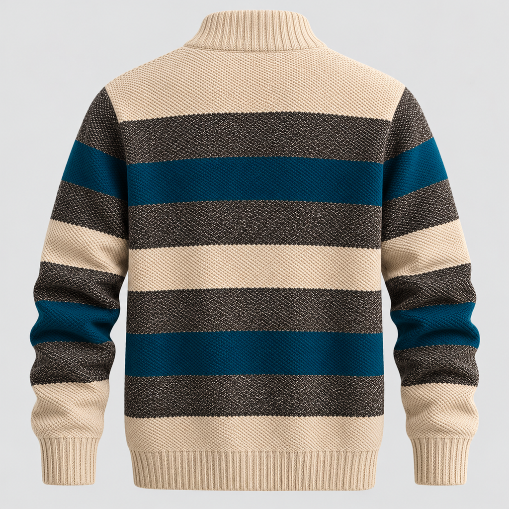 Stribet Sweater med Kort Lynlås til Herrer - Ribbede Manchetter og Kant
