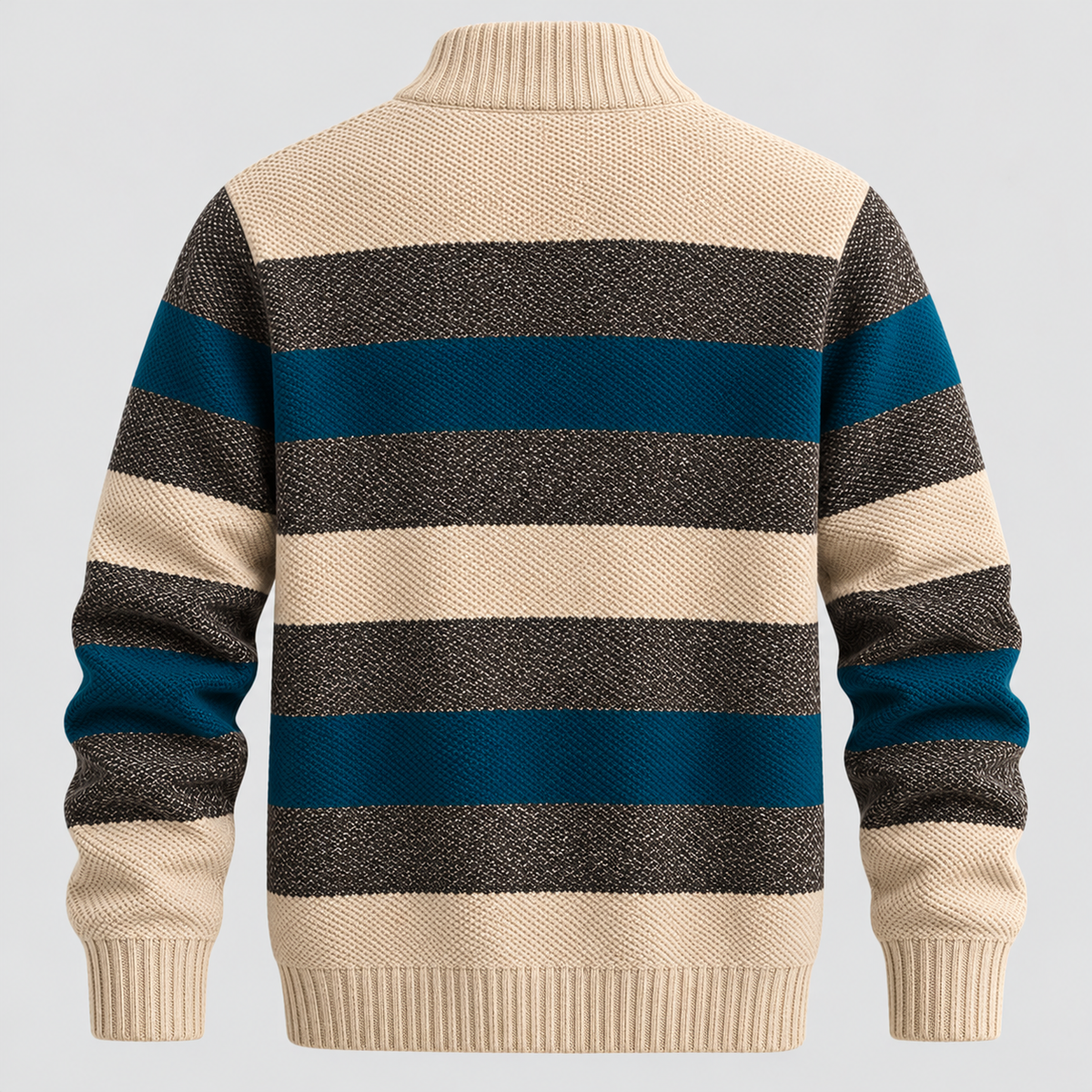 Stribet Sweater med Kort Lynlås til Herrer - Ribbede Manchetter og Kant