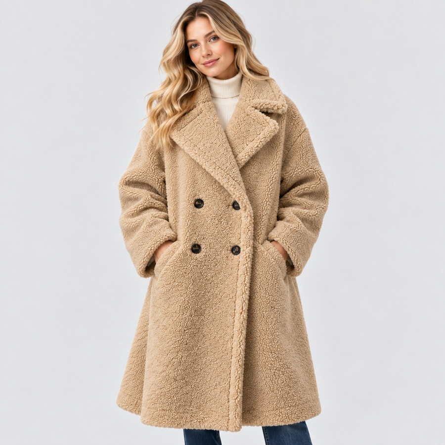 Lang Teddyjakke - Blød Faux Fur med Dobbelt Knaplukning