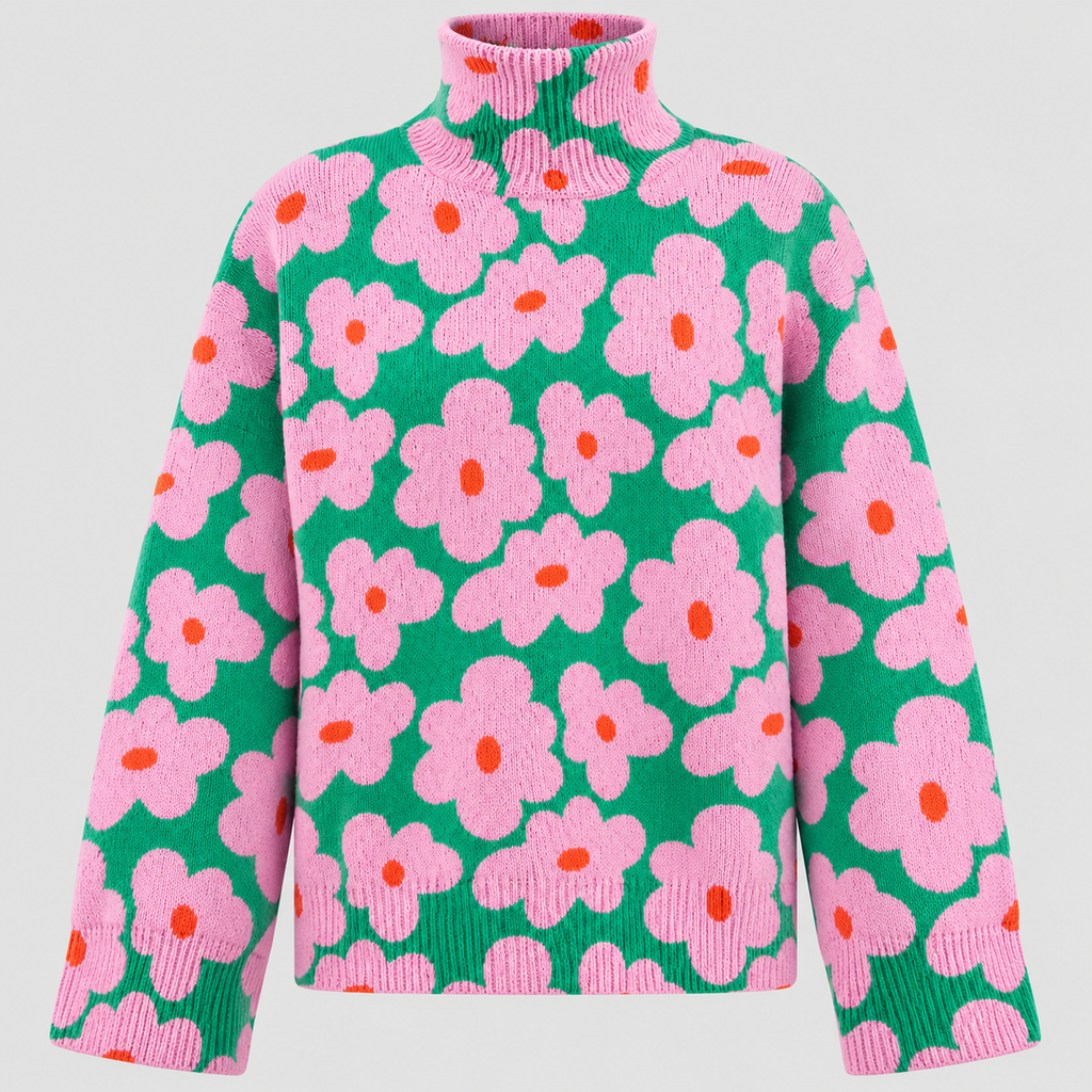 Blomsterprintet Rullekravesweater - Strikket i Pink og Grøn