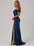 Dame Pailletkjole – Off-Shoulder, Figursyet, Benslids