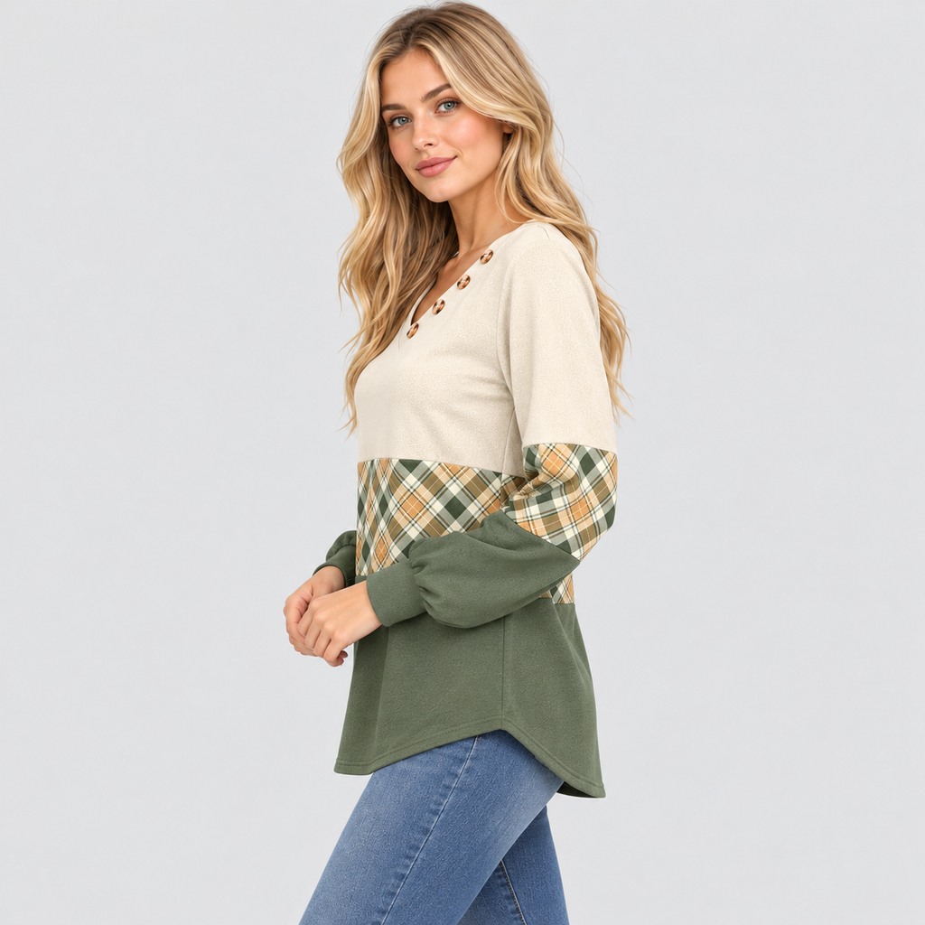 Strikket Sweater til Damer - Ternet Panel, Lange Ærmer