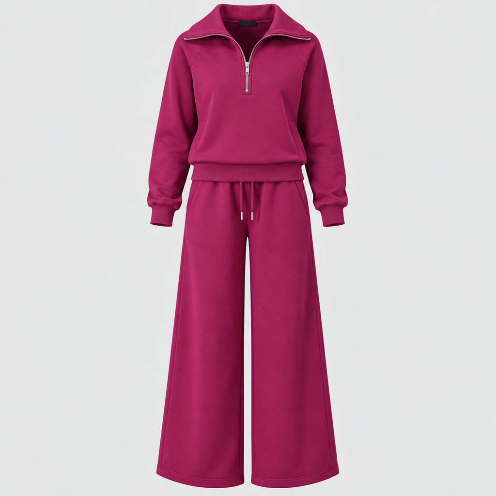 Joggingsæt med Lynlås - Todelt Loungewear med Vide Ben