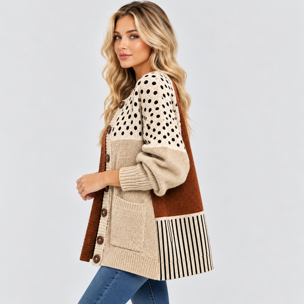 Cardigan med Blandede Paneler - Prikket og Stribet Patchwork-Strik