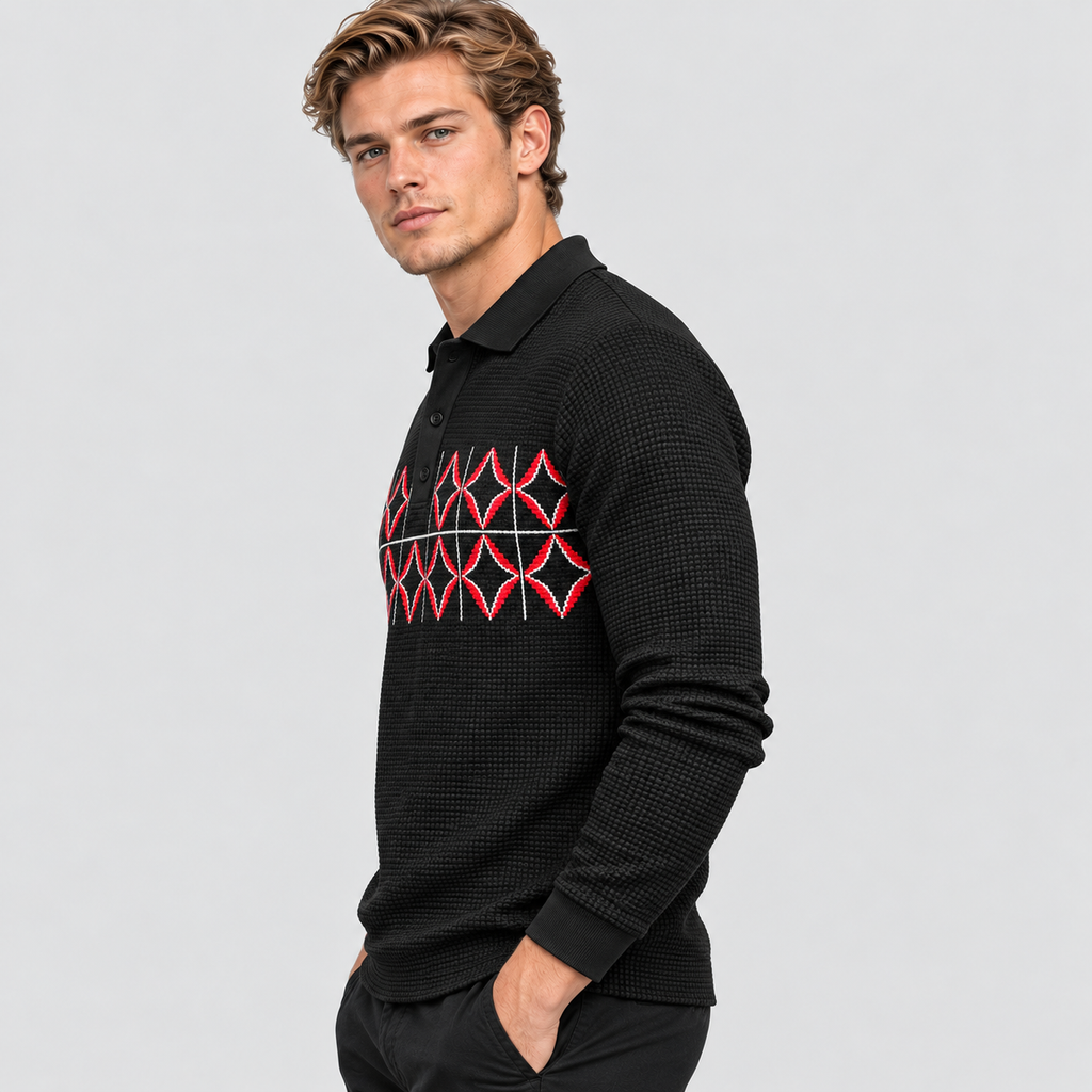 Herre Polosweater med Geometrisk Print - Treknaps Placket