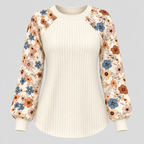Ribstrikket Sweater til Damer - Lange Ærmer med Blomsterprint