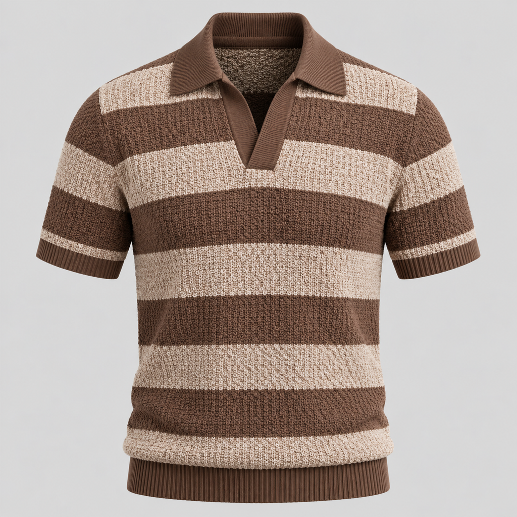 Jacquard Stribet Polo til Herrer - Åben Krave med Ribbede Manchetter