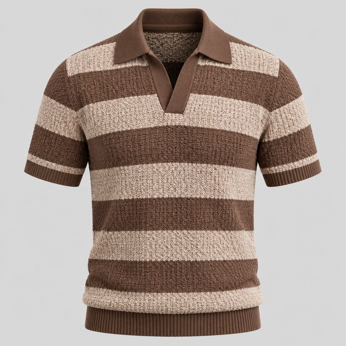 Jacquard Stribet Polo til Herrer - Åben Krave med Ribbede Manchetter