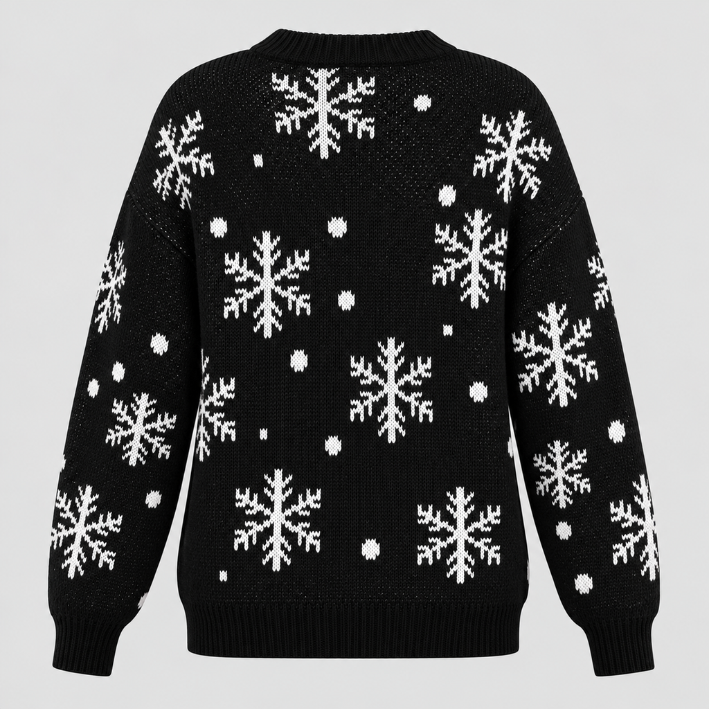 Julesweater med Rensdyr til Damer - Snefnugsprint, Sort Strik