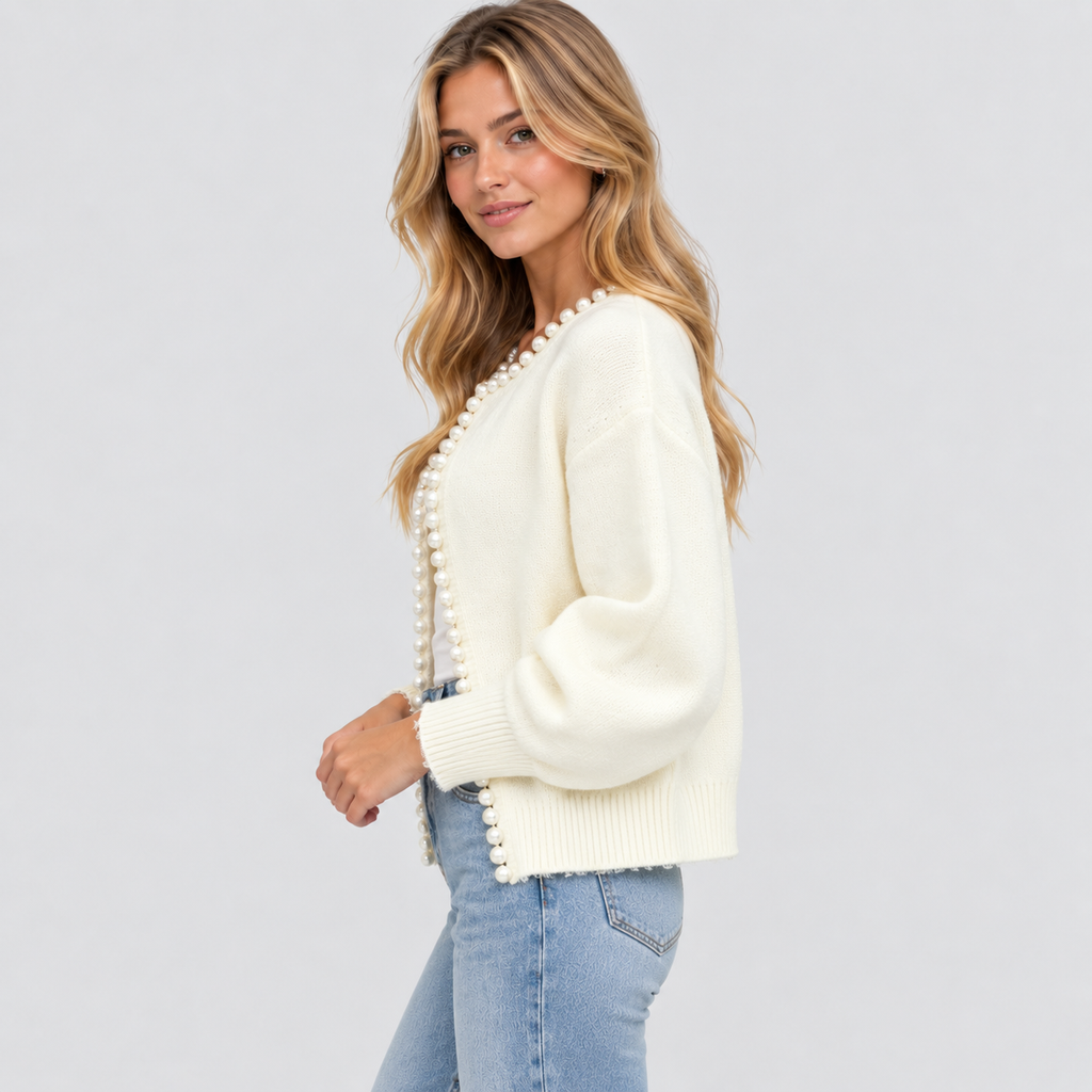 Cardigan med Perleknapper til Damer - Åben Front Strik