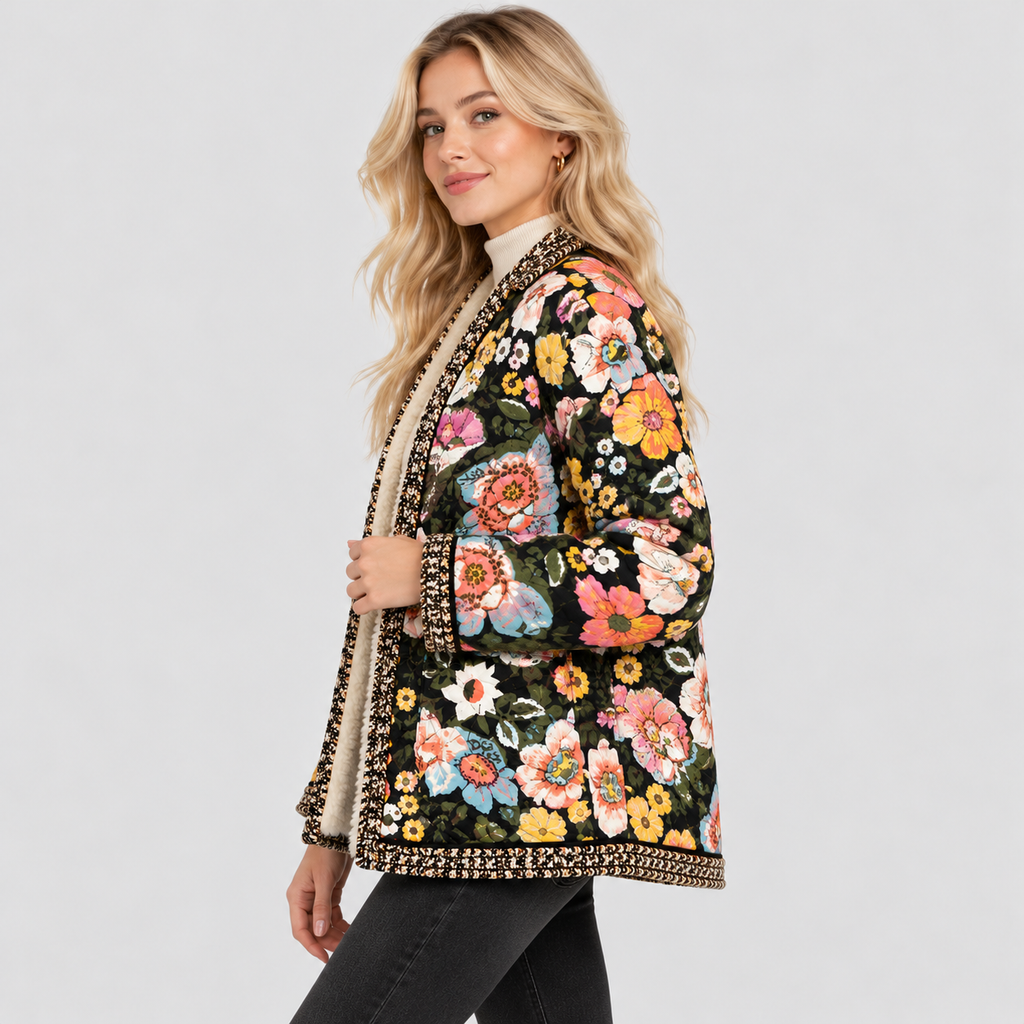 Blomsterprintet Jakke til Damer - Sherpaforet, Sort Bund
