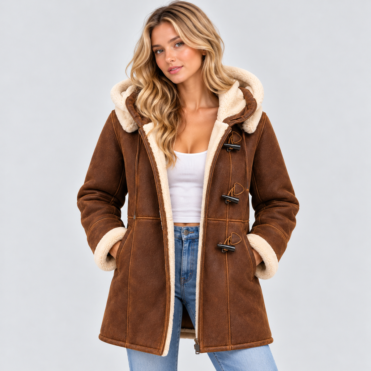 Shearling-Stil Frakke - Med Hætte, Toggle-Lukning