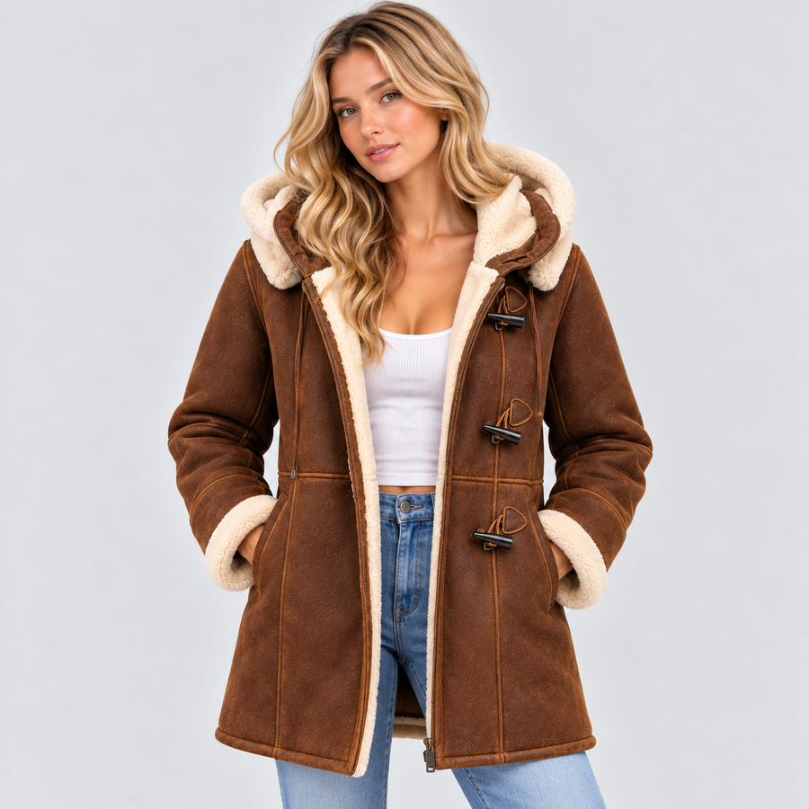 Shearling-Stil Frakke - Med Hætte, Toggle-Lukning