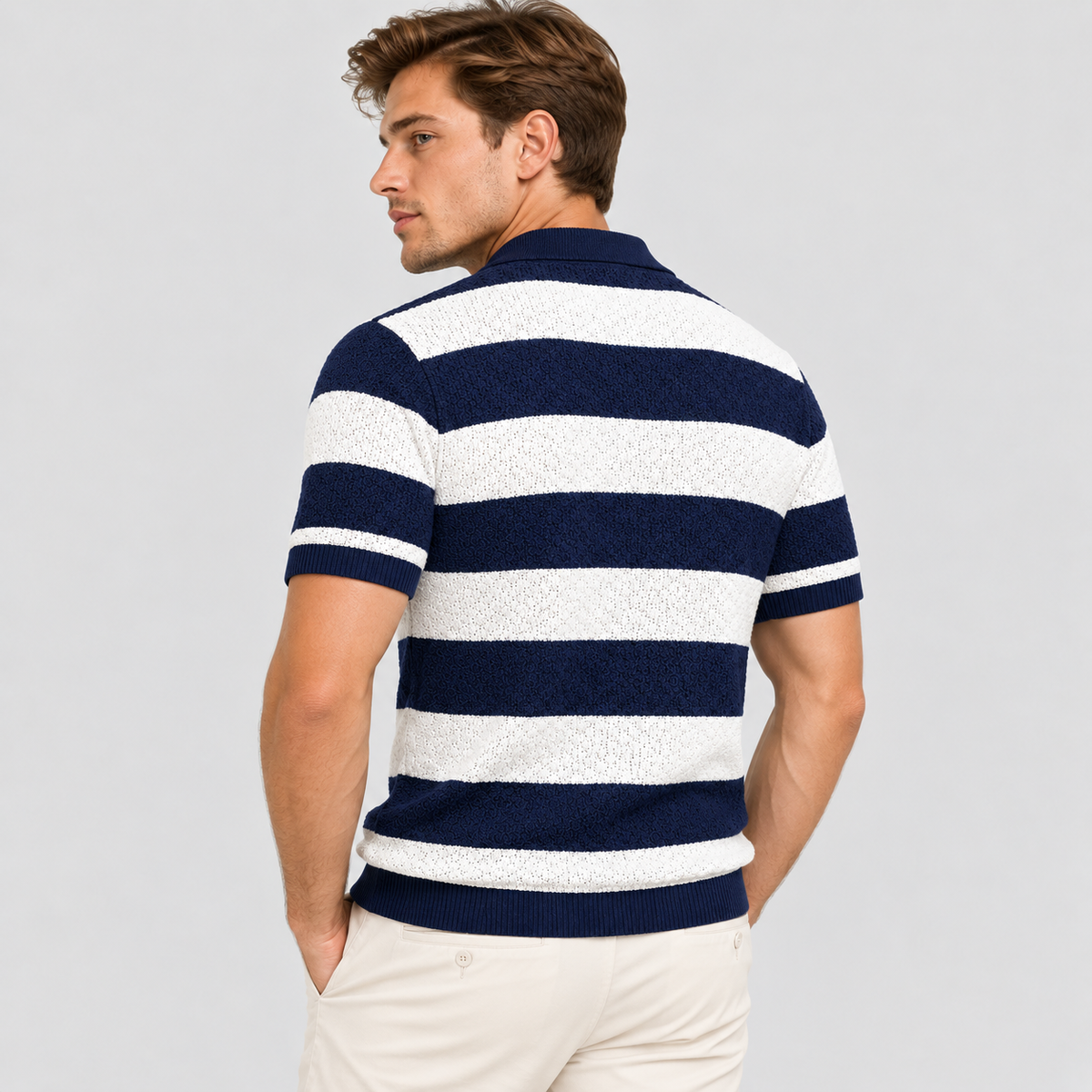 Jacquard Stribet Polo til Herrer - Åben Krave med Ribbede Manchetter
