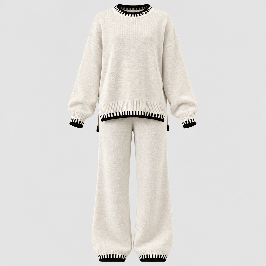 Matchende Strikket Sæt til Damer - Sweater med Rund Hals, Brede Bukser
