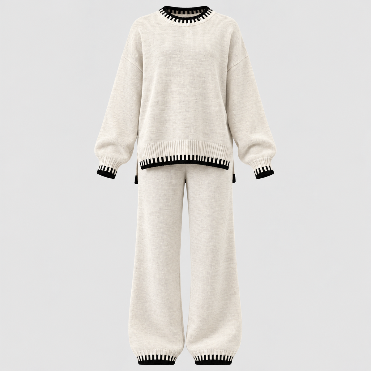 Matchende Strikket Sæt til Damer - Sweater med Rund Hals, Brede Bukser