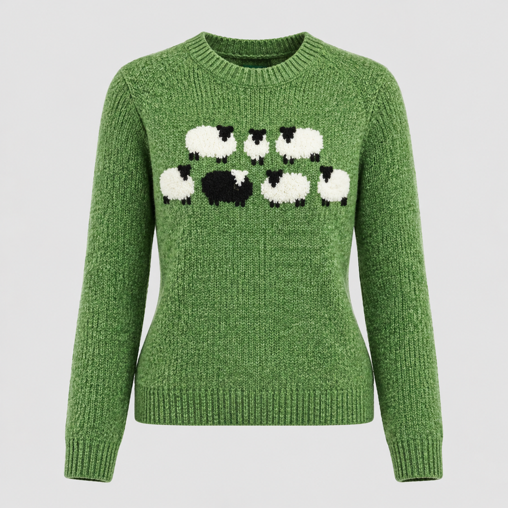 Fårmotiv-Sweater til Damer - Intarsiastrik, Rund Hals