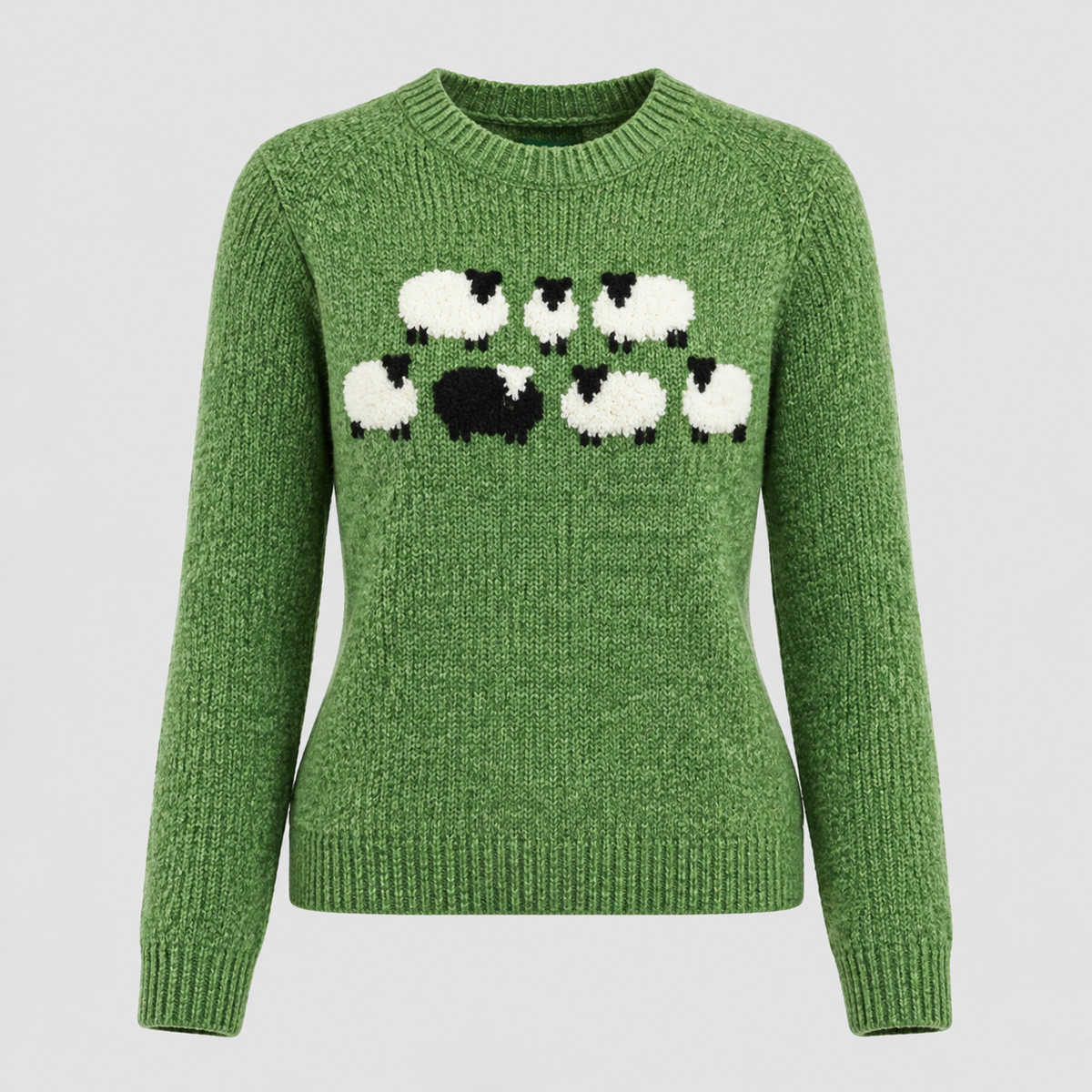 Fårmotiv-Sweater til Damer - Intarsiastrik, Rund Hals