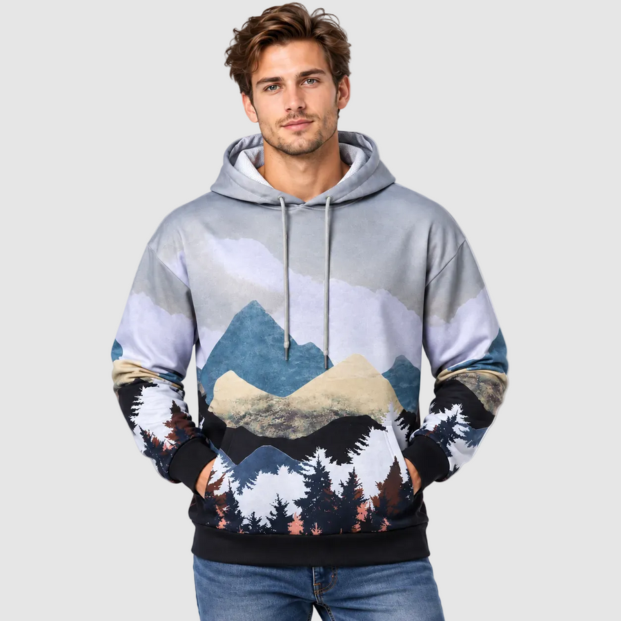 Bjergprintet Hoodie til Herrer - Gennemgående Landskab, Snorehætte