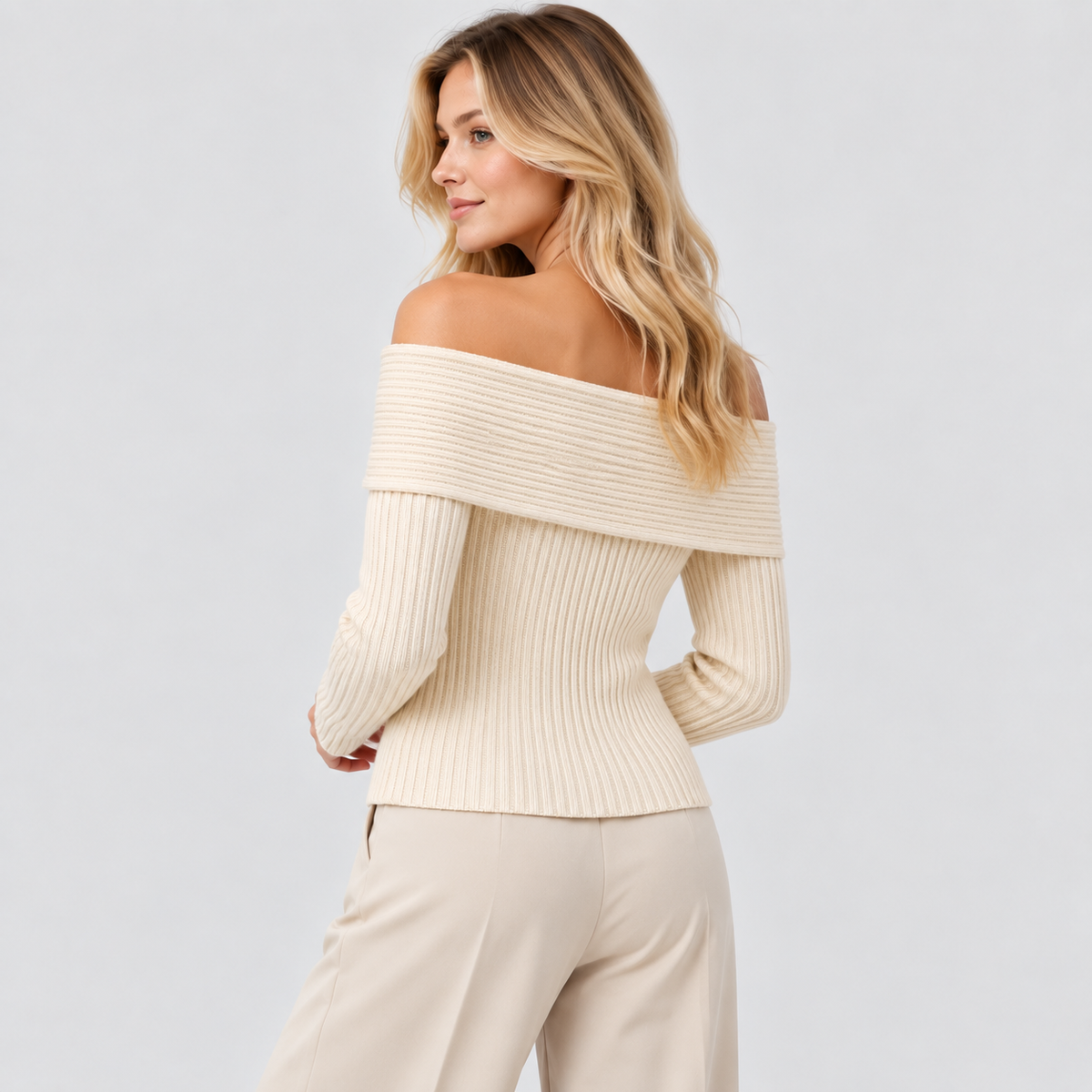 Off-Shoulder Sweater til Damer - Foldet Halsudskæring, Lange Ærmer