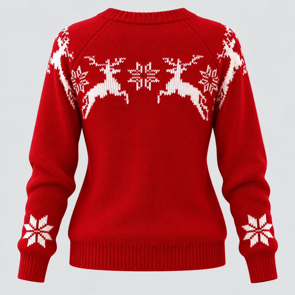Julesweater med Rensdyr til Damer - Snefnugsstrik, Rund Hals