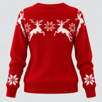 Julesweater med Rensdyr til Damer - Snefnugsstrik, Rund Hals