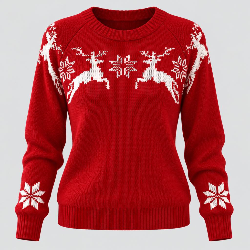 Julesweater med Rensdyr til Damer - Snefnugsstrik, Rund Hals