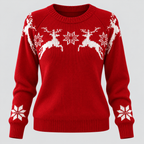 Julesweater med Rensdyr til Damer - Snefnugsstrik, Rund Hals