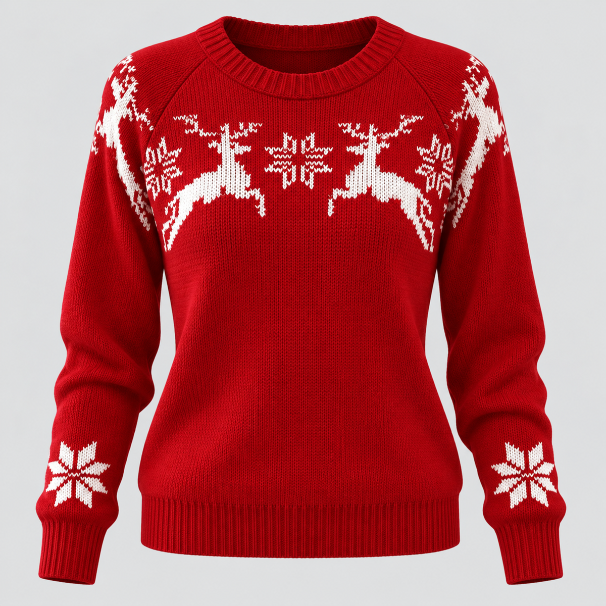 Julesweater med Rensdyr til Damer - Snefnugsstrik, Rund Hals