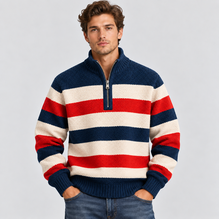 Stribet Sweater med Kort Lynlås til Herrer - Ribbede Manchetter og Kant