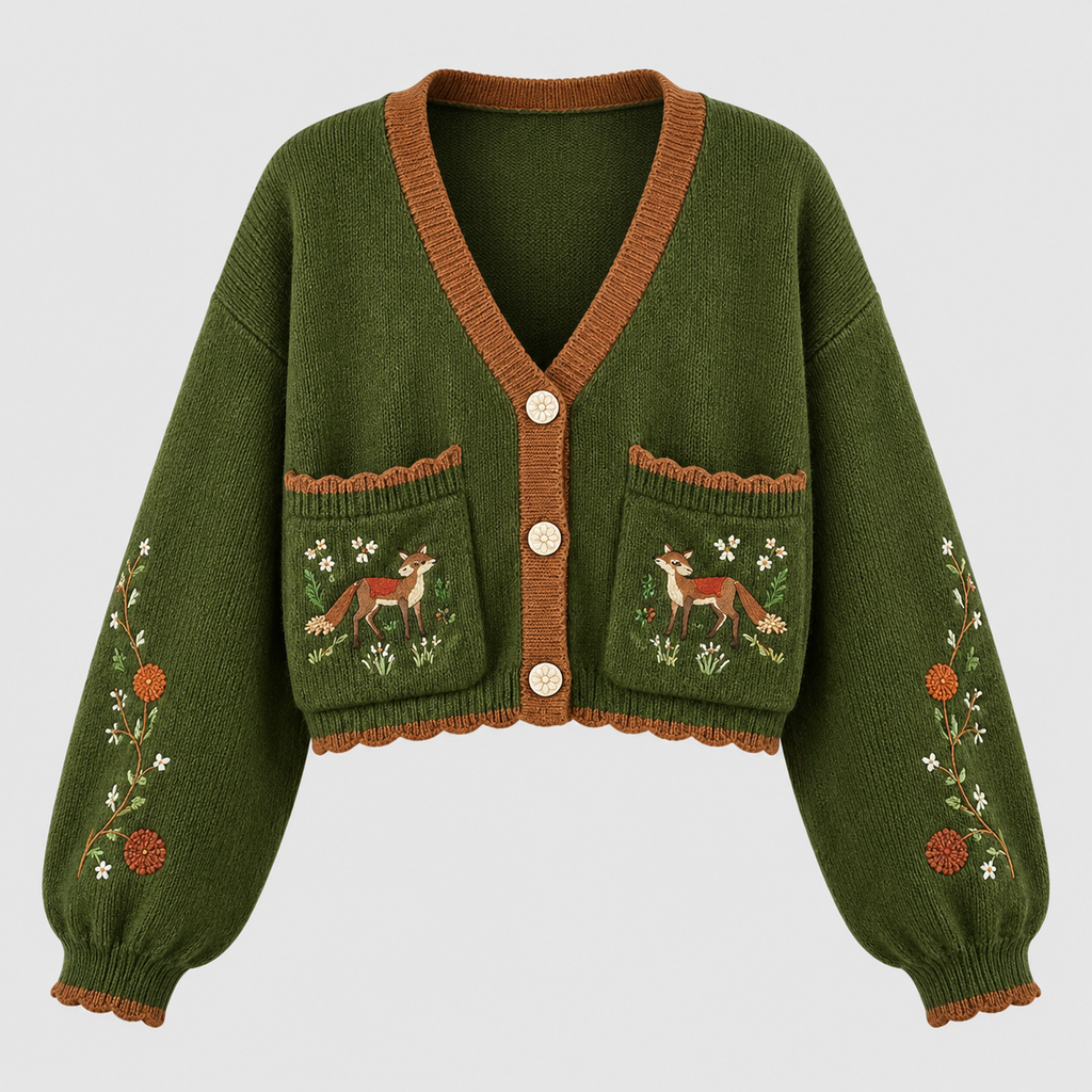 Broderet Cardigan til Damer - Kontrastkant, Blomster- og Hjortemotiv