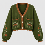 Broderet Cardigan til Damer - Kontrastkant, Blomster- og Hjortemotiv