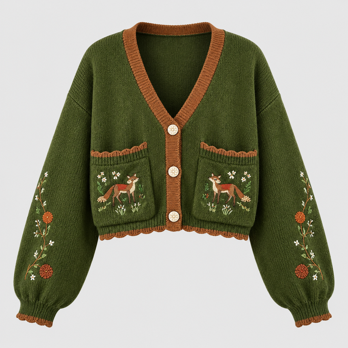 Broderet Cardigan til Damer - Kontrastkant, Blomster- og Hjortemotiv