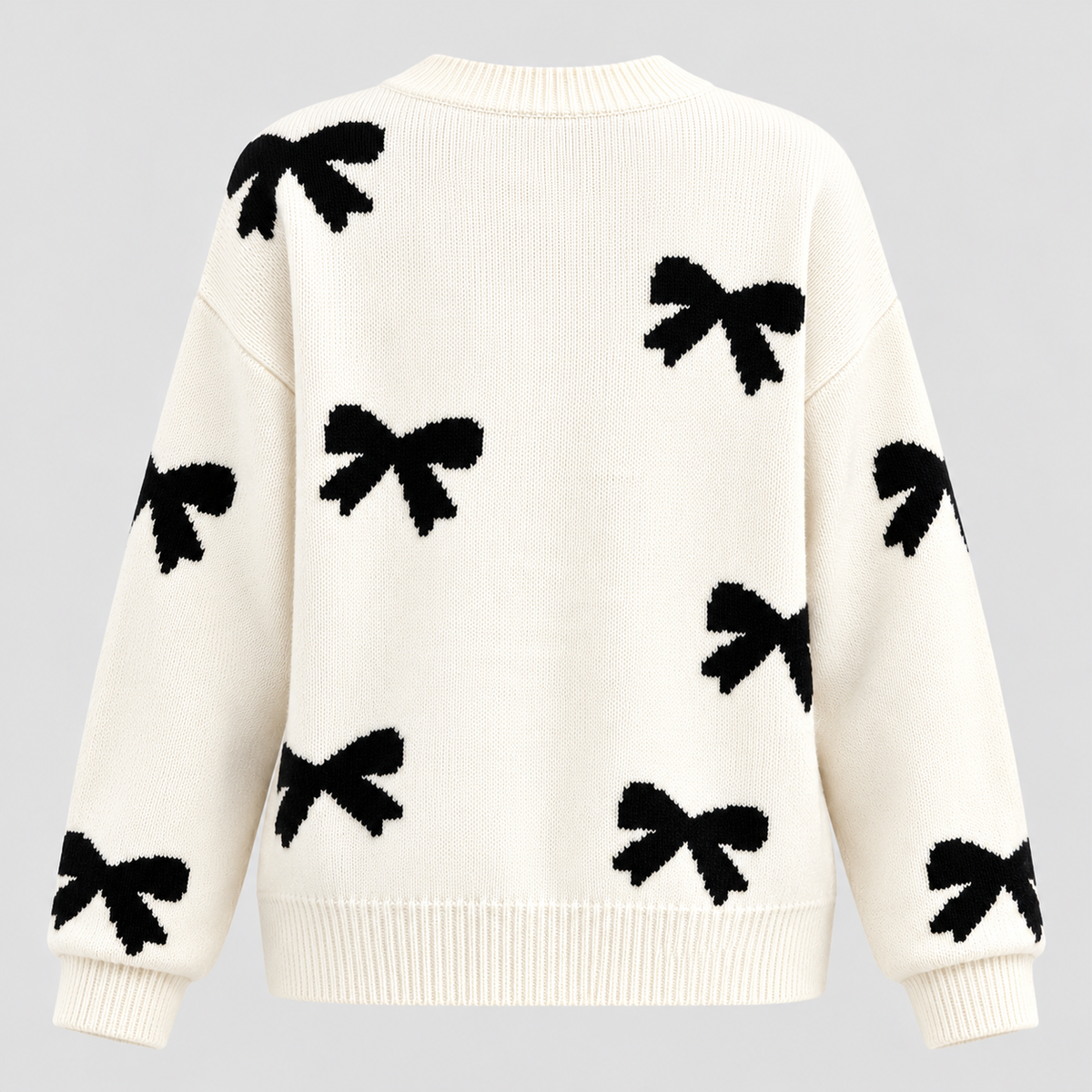 Sløjfeprintet Sweater til Damer - Rund Hals, Lange Ærmer