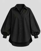 Oversized Skjortebluse til Damer - Ballonærmer, Asymmetrisk Kant, Spids Krave