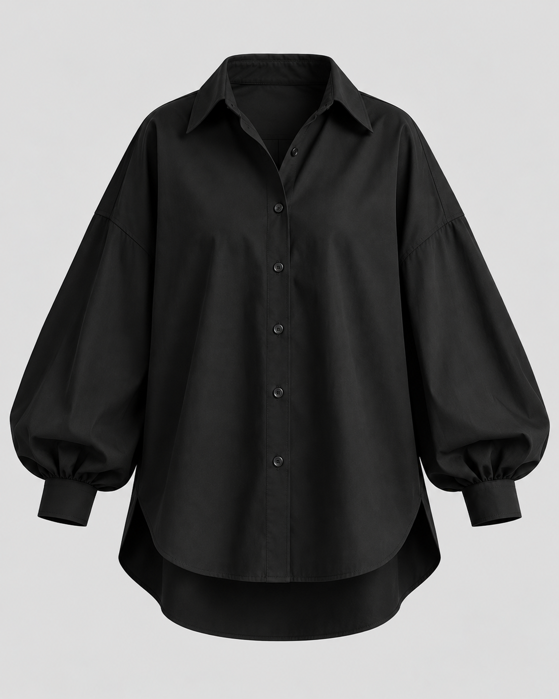 Oversized Skjortebluse til Damer - Ballonærmer, Asymmetrisk Kant, Spids Krave