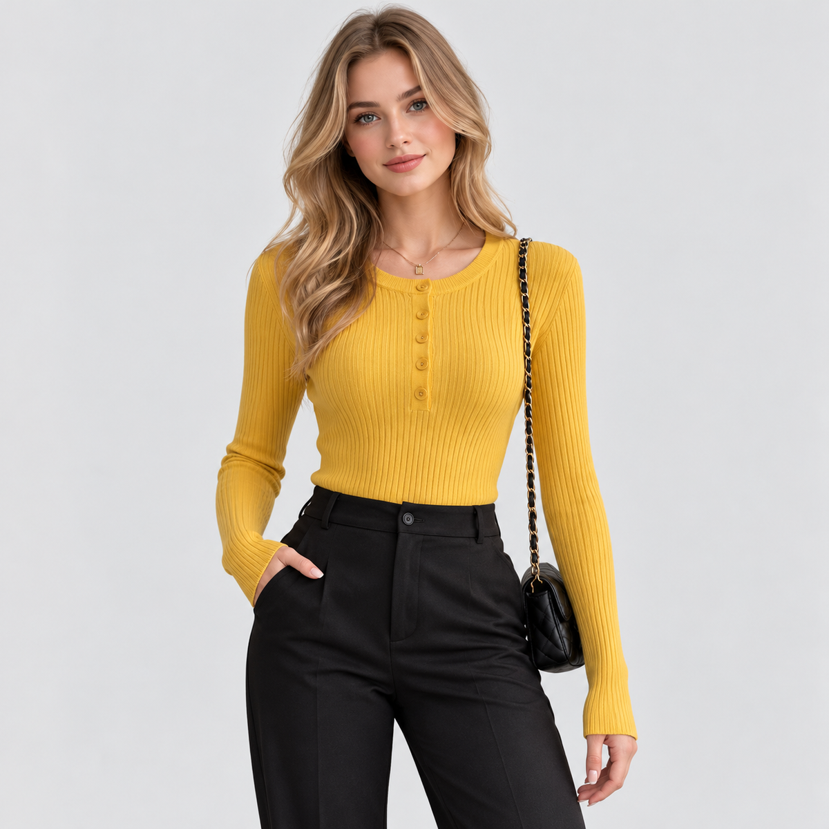 Ribstrikket Sweater med Knaplukning til Damer - Strækstrik