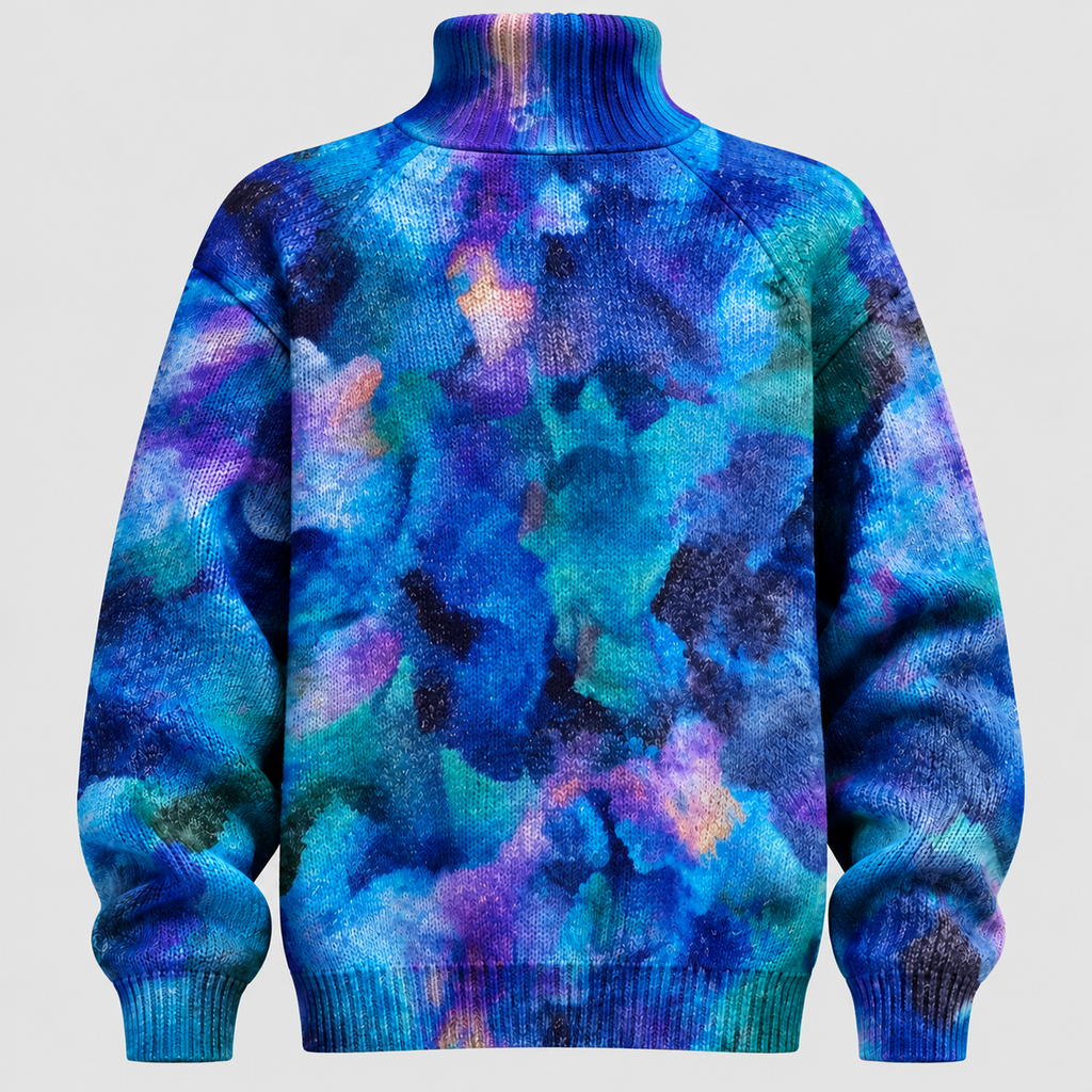 Botanisk Printet Sweater - Rullekrave, Afslappet Strik