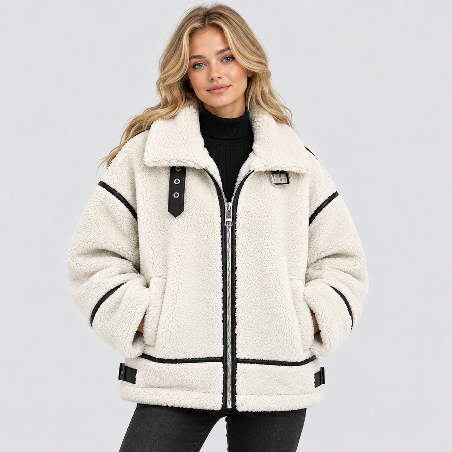 Shearling-Jakke til Damer - Kontrastkant, Bæltet Talje