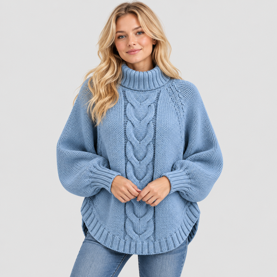 Chunky Strikket Sweater til Damer - Oversized Kabelstrik med Rullekrave