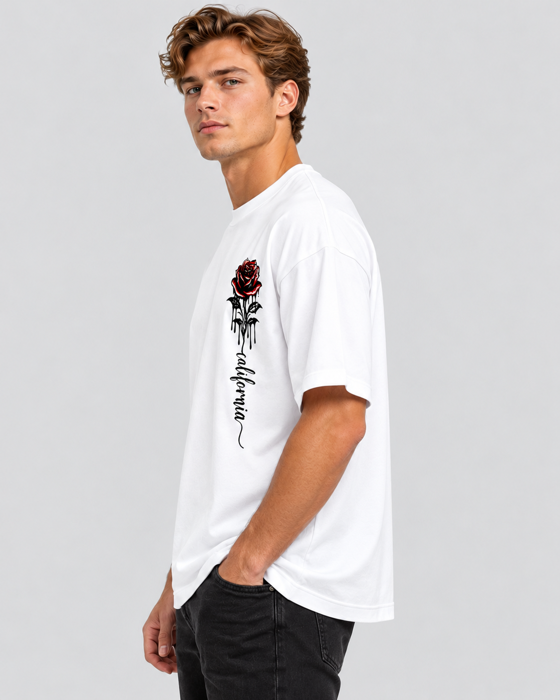 T-Shirt med Rosenprint til Herrer - Oversized Pasform, Rund Hals