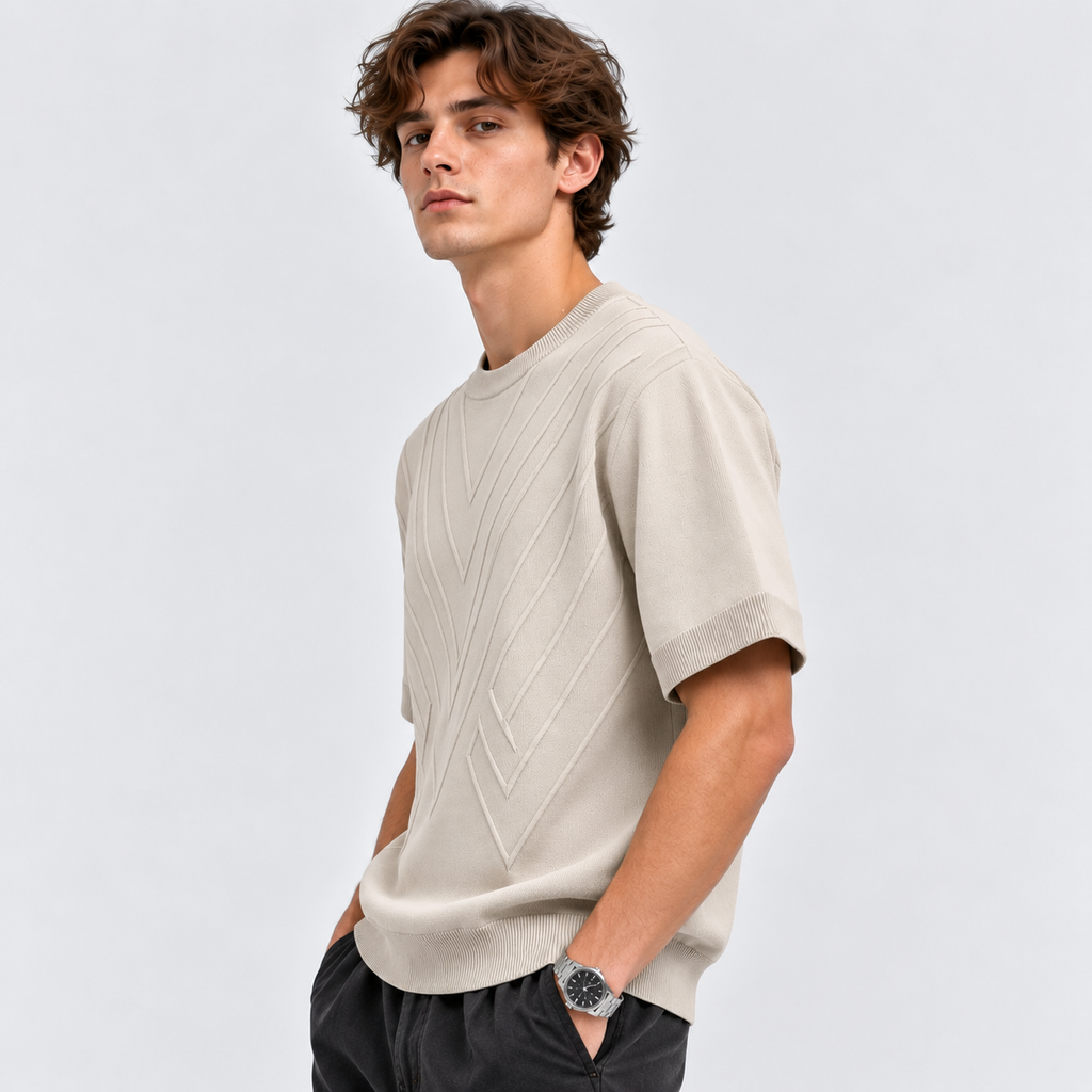 Herre Textureret Crew Neck T-Shirt – Chevronmønster Kort Ærme
