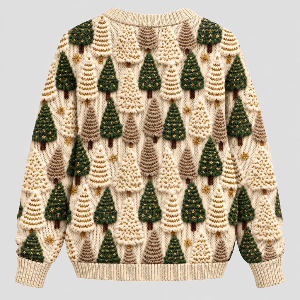 Fyrretræsprintet Sweater - Rund Hals, Oversized Strik